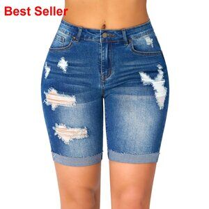 High Waisted Stretchy Ripped Cuffed Denim Bermuda Shorts